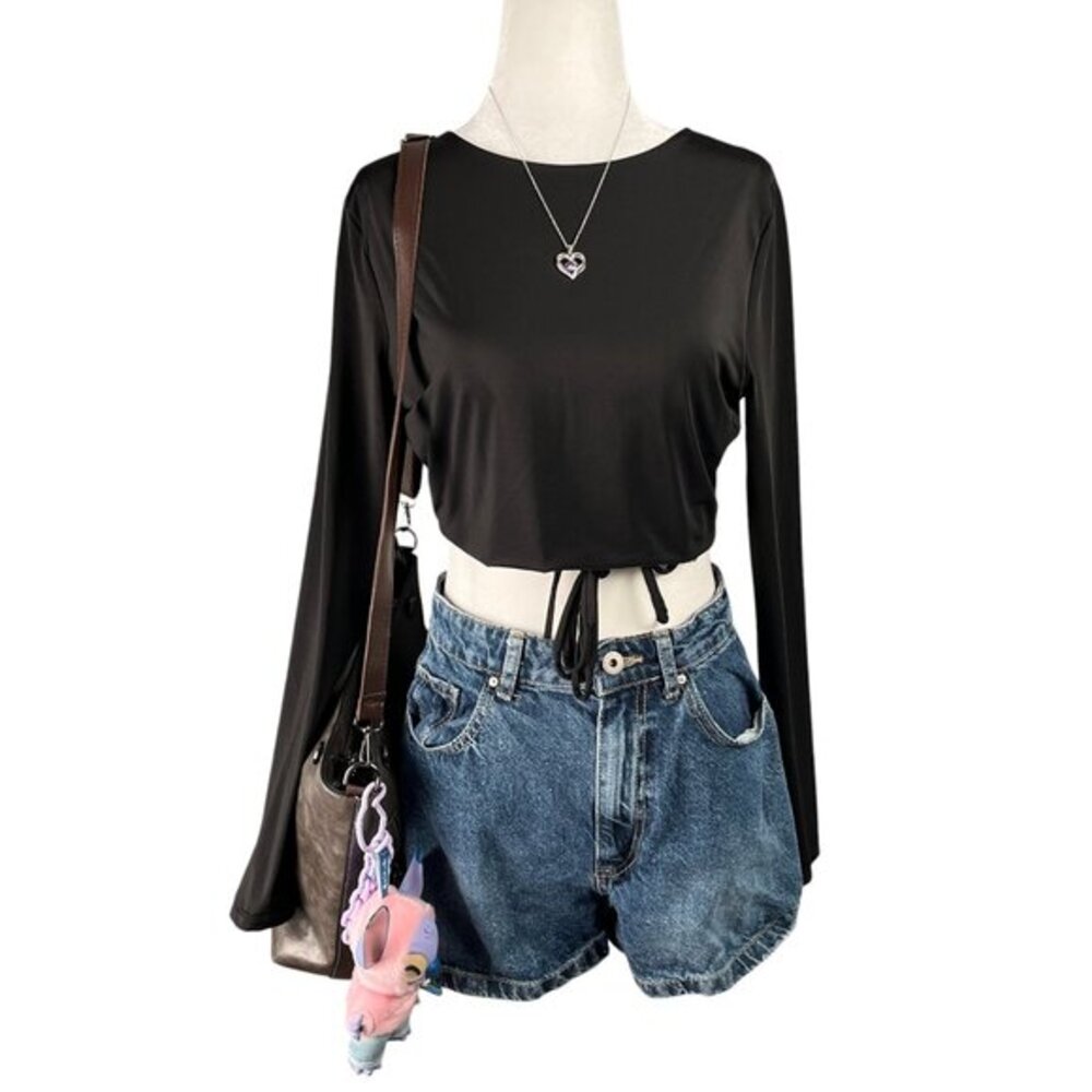 Cotton On Crop Top Women’s Large Black Long Sleeve Waist Tie Wrap Clubwear Y2K